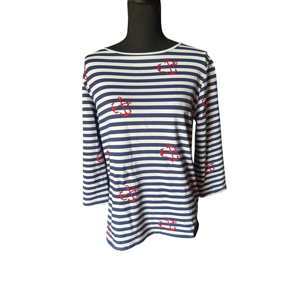 Nautical Chic Melly M Blue Striped Anchor Blouse – Red Detail Size XL